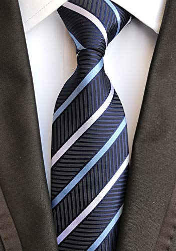 Men Stripe Navy Blue and White Jacquard Tie Formal Necktie For Big Boy Youth Son