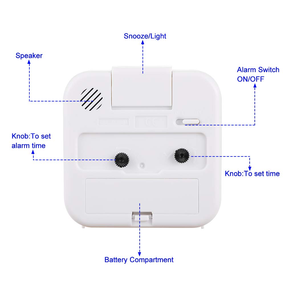 Small Battery Operated Analog Alarm Clock Silent Non Ticking, Ascending Beep Sounds, Snooze,Light Functions, Easy Set(White)