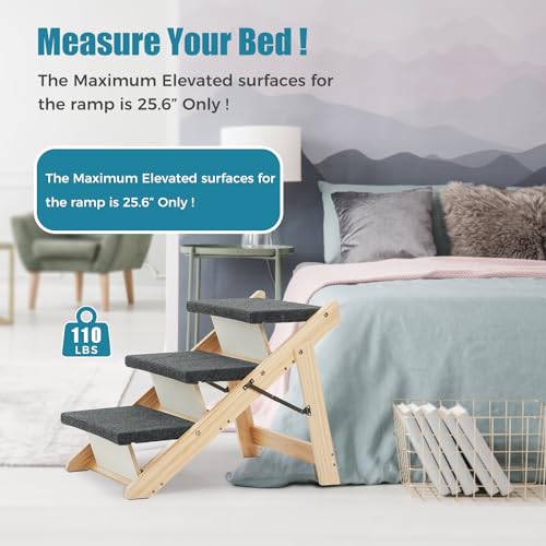 Wood Pet Stairs/Pet Steps - Foldable 3 Levels Dog Stairs &amp; Ramp Perfect for Beds and Cars - Portable Dog/Cat Ladder Up to 110 Pounds