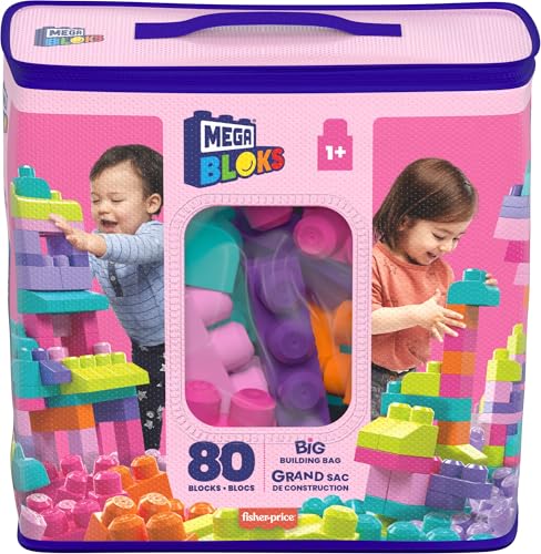 BLOKS First Builders Toddler Blocks Toys Set, Big Building Bag with 80 Pieces and Storage, Pink, Ages 1+ Years
