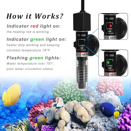 25W Small Aquarium Submersible Betta Heater with Free Thermometer Strip, Under 6 Gallon Fish Tanks (Preset Temperature 78)