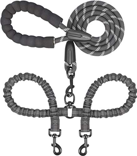Dual Dog Leash - Tangle-Free 360° Swivel & Shock-Absorbing Bungee, Double Leash for Walking Two Dogs (Large, 25-150 lbs, Black)