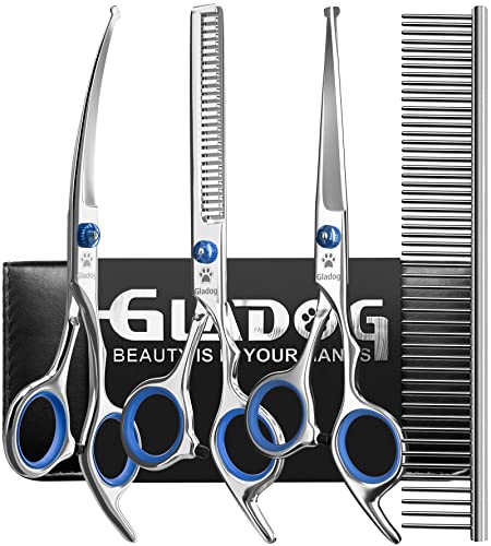 Professional 5 in 1 Dog Grooming Scissors Set with Safety Round Tips, Sharp and Heavy-duty Pet Grooming Shears for Cats