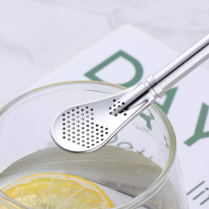 3in1 Metal Straw Spoons for Drinks, 18/8 Stainless Steel Reusable Tea Filter Stirring Drinking Straws,Set of 10, 6.2 inch (8 Straws+ 2 brushes) (Silver)