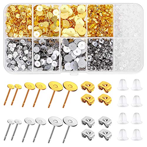 Hypoallergenic Earring Posts and Backs, 2000pcs Stud Earring Making Kit with Earring Base and Earring Backs for Leather Stud, Clay, Pearl Jewelry Making (Gold &amp; Silver)