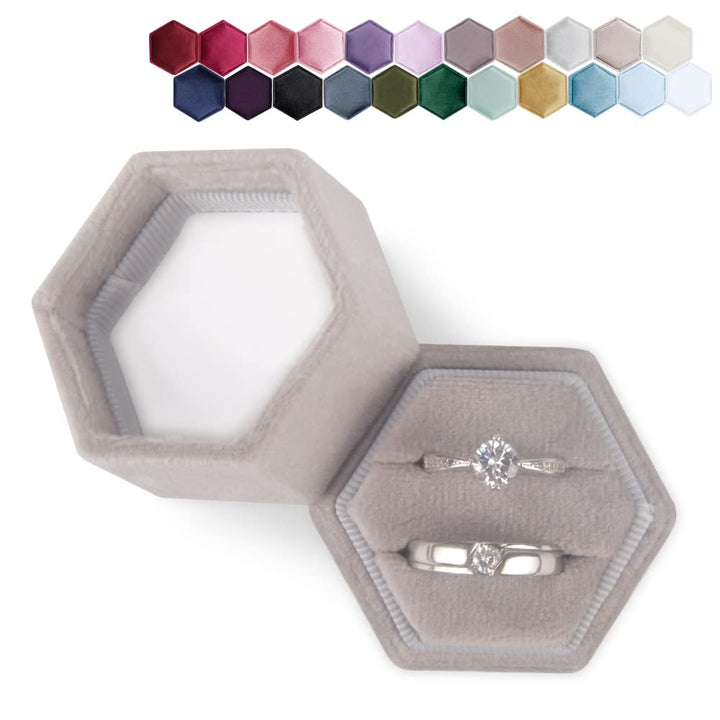 Velvet Ring Box Hexagon - Premium Gorgeous Vintage Double Ring Display Holder with Detachable Lid for Proposal, Engagement, Wedding, Ceremony (Gray)