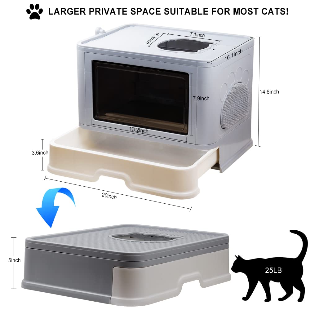Foldable Cat Litter Box, Large Top Entry Anti-Splashing with Lid, Enclosed Potty, Drawer Type Toilet Easy Cleaning, Including Scoop, Grey.