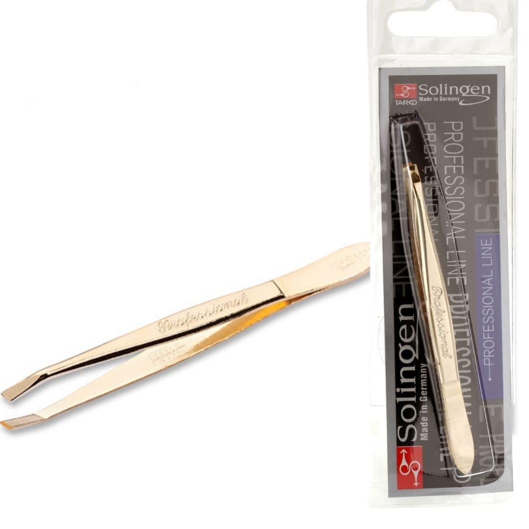 Gold: Stainless Steel Professional Slanted Tip Tweezers Best Shaped Precision Grip Made In Germany Eyebrows Eyelashes Extensions Chin Cheek Face Facial Splinter Ingrown H