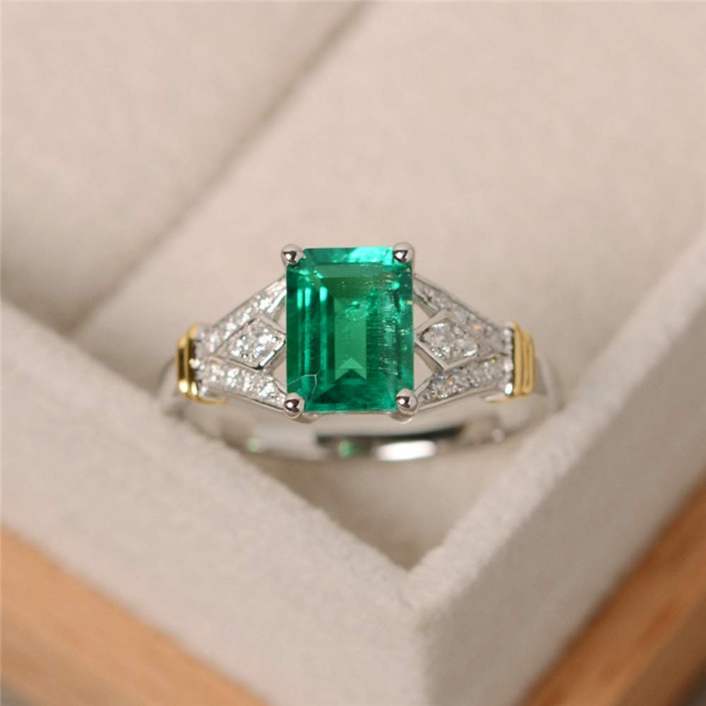 Fashion Jewelry Elegant Women 14k White Gold Filled Square Cut Emerald Gemstone Birthstone Wedding Bridal Band Ring Size 6-10 (7)