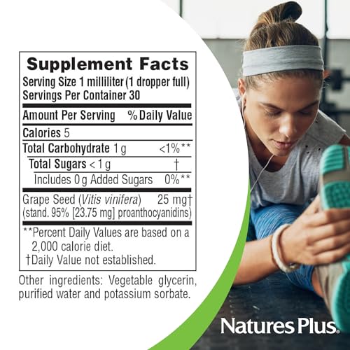 Natures Plus Herbal Actives Grape Seed 25 mg Liquid Suspension - Vegan Drops, 1 fl oz - Vegetarian, Gluten-Free - 30 Servings