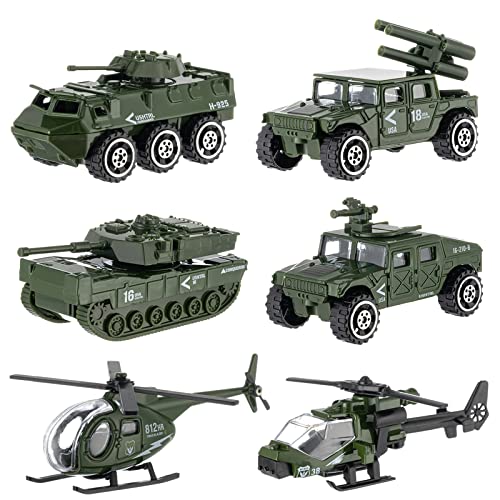 Diecast Military Vehicles, 6 Pack Army Toys Assorted Alloy Metal Model Cars Tank,Helicopter,Panzer,Anti-Air Vehicle Playsets Gift for Boys Kids Age 6 7 8 9 10