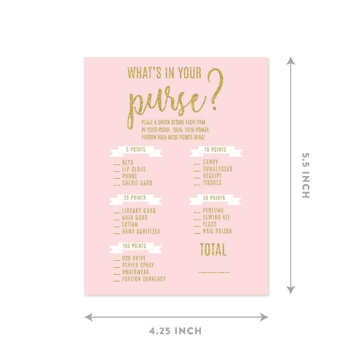 Andaz Press Blush Pink Gold Glitter Print Wedding Collection, What's in Your Purse Bridal Shower Game Cards, 20-Pack