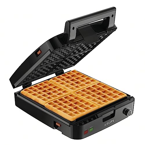 Krups Breakfast Set Stainless Steel Waffle Maker 4 Slices Audible Ready Beep, 1200 Watts Square, 5 Browning Levels, Removable Plates, Dishwasher Safe, Belgian Waffle Silver and Black