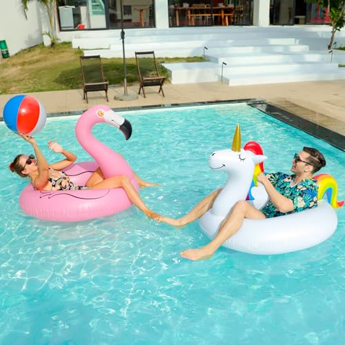 2 Pack 42&#39;&#39; Inflatable Pool Floats Flamingo Unicorn Swim Tube Rings with 2Pcs Beach Balls, Beach Floaties, Swimming Toys, Lake and Beach Floaty Summer Toy, Pool Raft Lounge for Adults Kids