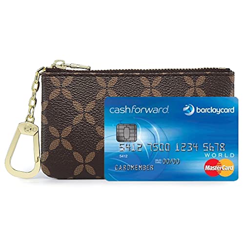 Luxury Zip Key Chain Pouch | Mini Coin Purse Wallet Card Holder with Clasp | for Men Women - Coated Canvas (Brown)