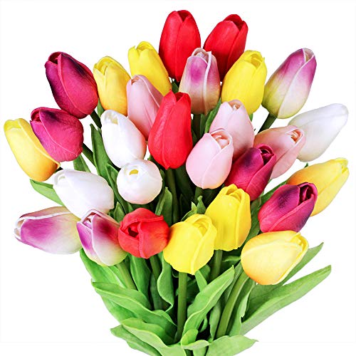 28 Pcs Multicolor Tulips Artificial Flowers Faux Tulip Stems Real Feel PU Tulips Easter Spring Wedding Bouquet Centerpiece Floral Arrangement Cemetery Table Décor 14 Tall