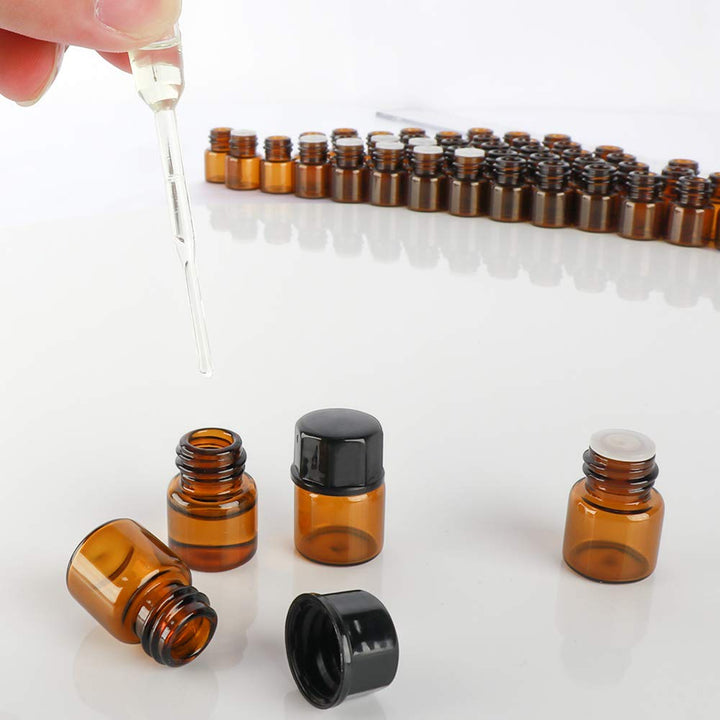 50 pack 1mlï¼Ë†1/4 Dram Mini Amber Glass Essential Oils Sample Bottles with Orifice Reducer and Black Caps for Essential Oils,Chemistry Lab Chemicals,Colognes &amp; Perfumes.3 plastic droppers as gift.