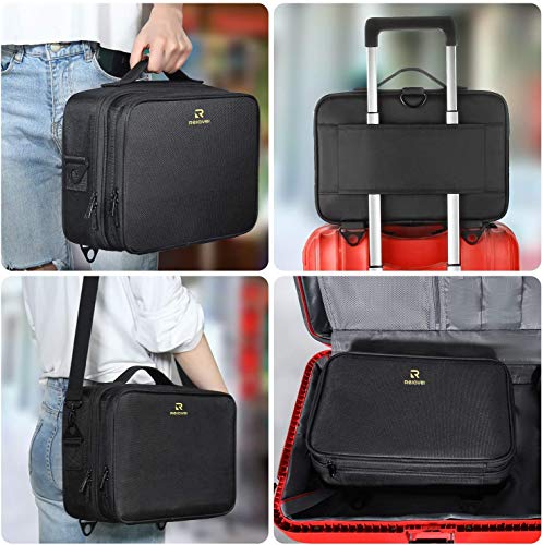 Makeup Bag Travel Makeup Train Case 13.8 inches Large Cosmetic Case Professional Portable Makeup Brush Holder Organizer and Storage with Adjustable Dividers and Shoulder Strap Black
