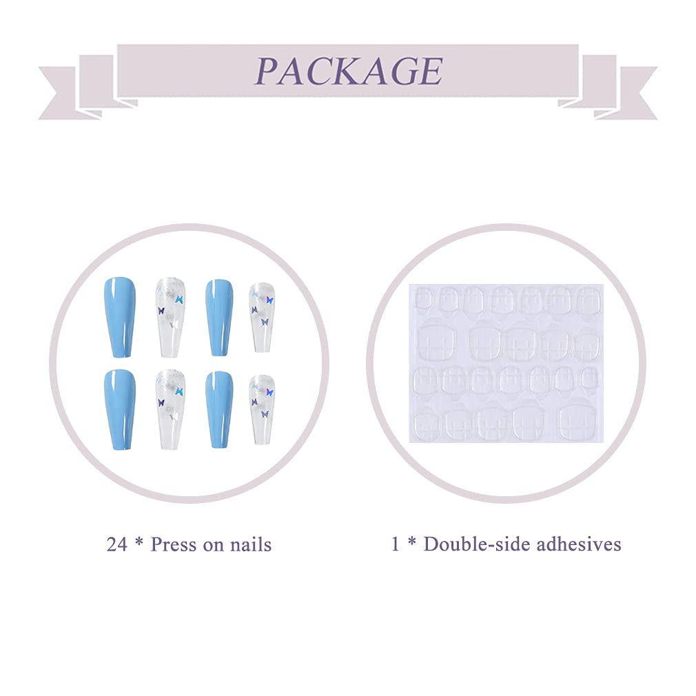 Coffin Fake Nails, 24Pcs Butterfly Ballerina False Nails Blue Press on Nails Long Acrylic Nail Tips with Design for Women and Girls