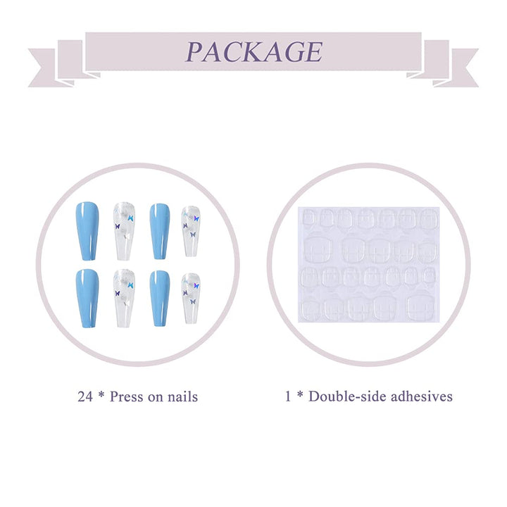 Coffin Fake Nails, 24Pcs Butterfly Ballerina False Nails Blue Press on Nails Long Acrylic Nail Tips with Design for Women and Girls