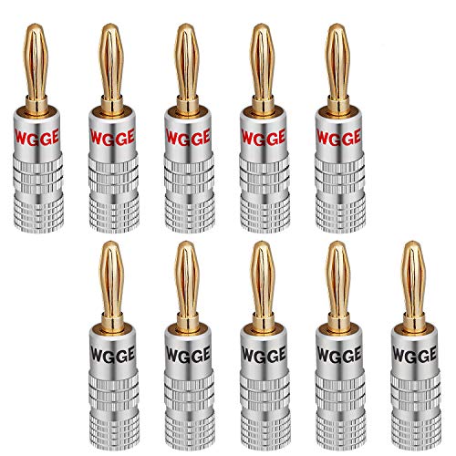 WG-009 Banana Plugs Audio Jack Connector 5 Pairs / 10 pcs, 24k Gold Dual Screw Lock Speaker Connector for Speaker Wire, Wall Plate, Home Theater, Audio/Video Receiver and Sound Systems