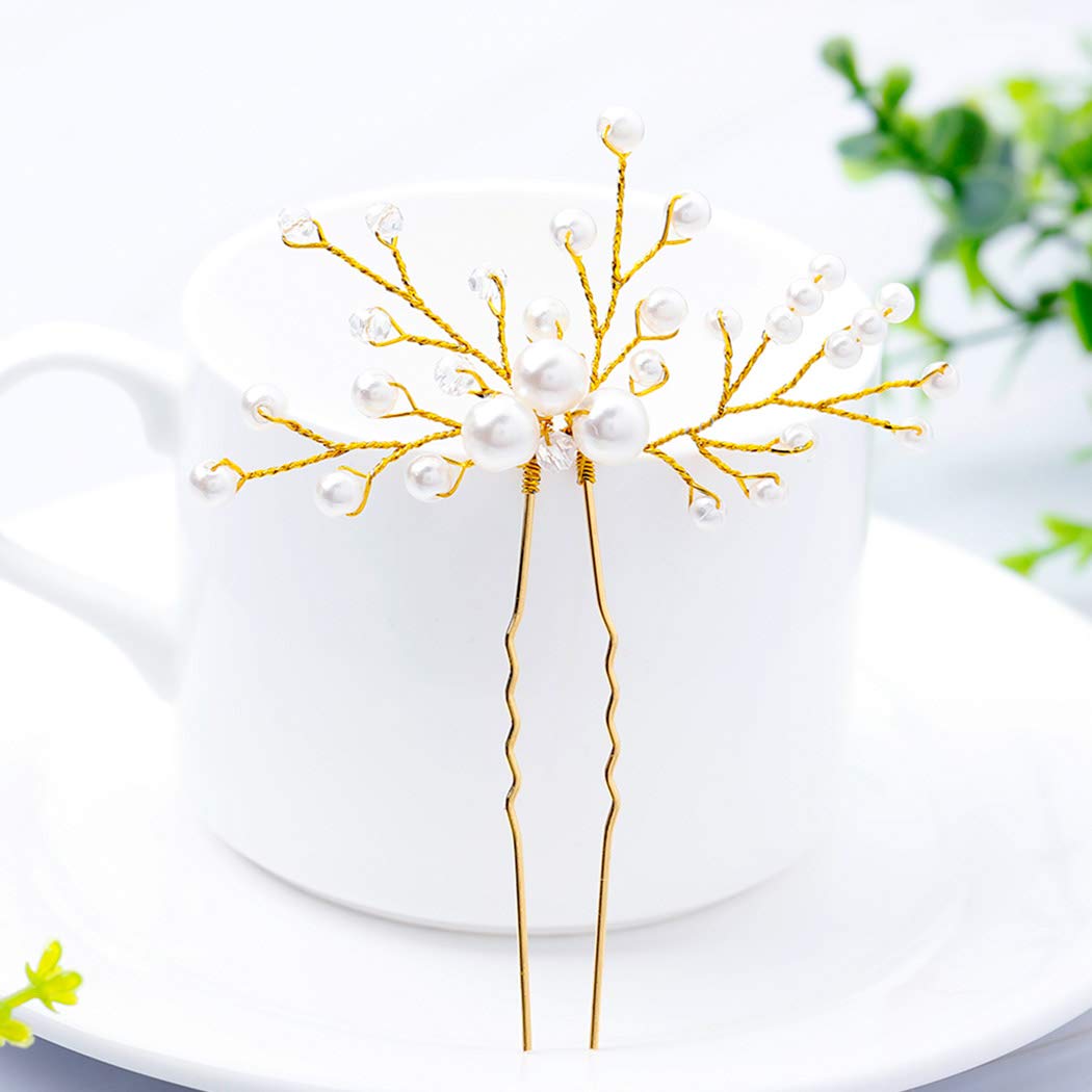 Bride Wedding Pearl Hair Pins Girls Bridal Hair Accessories Hair Piece for Women and Girls 2PCS (Gold)