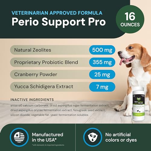 VetriScience Perio Support Pro - Dental Health Powder for Dogs & Cats - Supports Breath Freshening & Aids Against Plaque - Comprehensive Dental Support with Zinc, Cranberry & Taurine - 16 oz