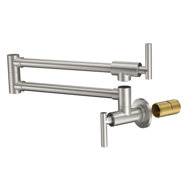 Pot Filler Faucet, Wall Mount Solid Brass Brushed Nickel Double Joint Swing Arm Folding Kitchen Faucets with Single Hole, 2 Handles