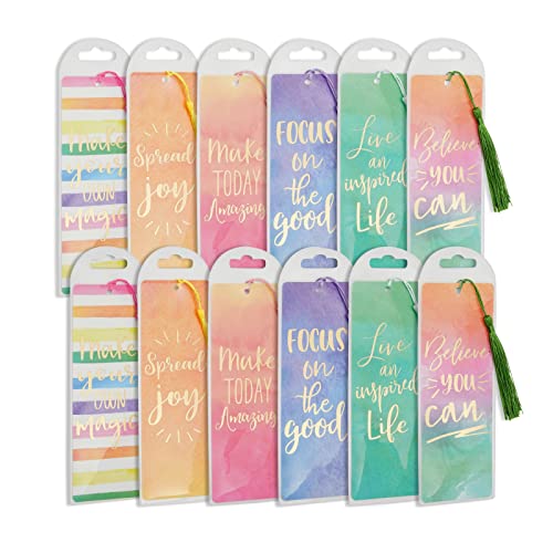 12 Pack Watercolor Inspirational Bookmarks with Tassels and Sleeves for Book Lovers, 6 Motivational Quotes (2.5 x 7 in)