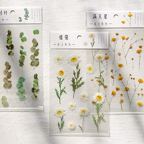 Daisy Iris Flowers Clover Eucalyptus 6 Sheets Transparent PVC Waterproof PET Decals Stickers Pack for Scrapbooking Diary Planner Album journals Phone Case Card Making Laptop Journaling