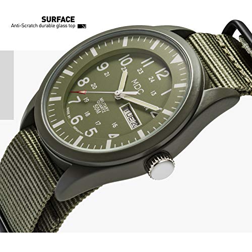 Military Watches for Men Analog Wrist Watch, Tactical Waterproof Outdoor Sport Mens Quartz Wristwatch, Date Day Work Field Army Green w/Nylon Band by MDC
