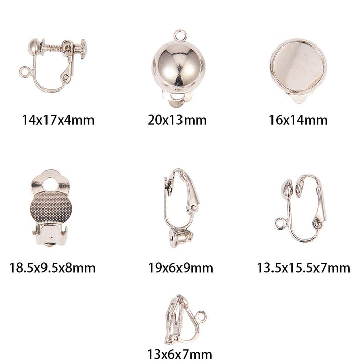 SUNNYCLUE 1 Box 28pcs 7 Style Clip-on Earring Findings Non Pierced Earring Converter Stud Clip On Converter Screw Back Ear Wire Pad Base Flat Back Round Tray Blank Components for DIY Jewelry Making