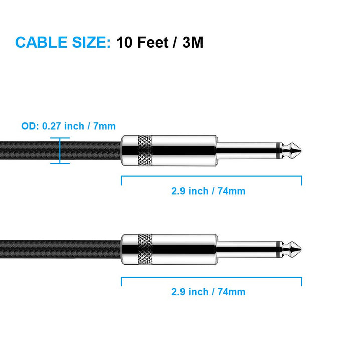 Guitar Cable 10 ft Electric Instrument Cable Bass AMP Cord 1/4 Straight to Straight for Electric, Bass Guitar, Electric Mandolin, Pro Audio, Black