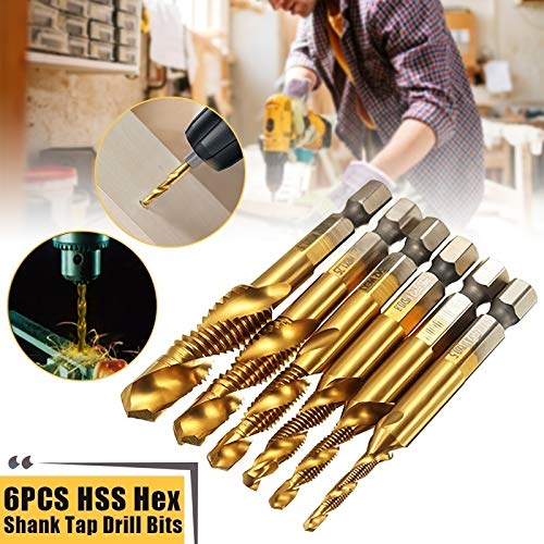 Drill Tap Kit, 6pcs Combination Drill and Tap Bit Set, Metric Thread M3-M10 Screw Tapping Tool 1/4 Hex Shank, Spiral Flutes Design