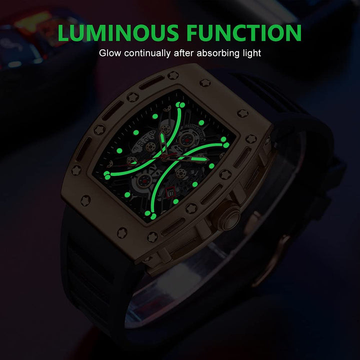 Watch Wristwatch Fashion Hollow Big Dial Luminous Waterproof Sport Analog Quartz Business Mens Watches Silicon Strap Dress Watch (Gold Black)