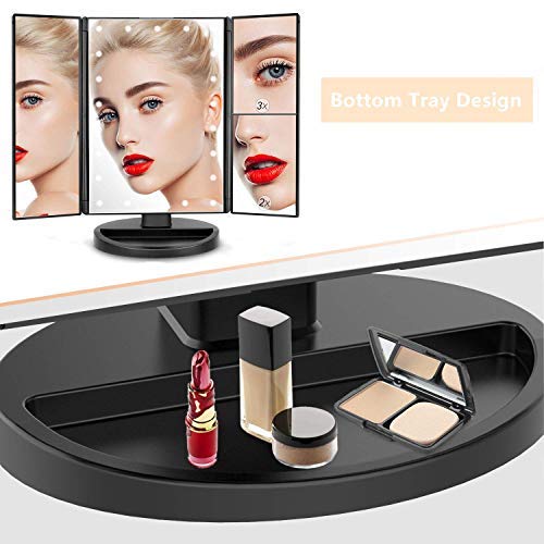 3 Folds Lighted Vanity Makeup Mirror,1X/2X/3X Magnification, 21 LED Light Bright Table Mirror with Touch Screen,180 Adjustable Rotation,Portable Travel Cosmetic Mirror