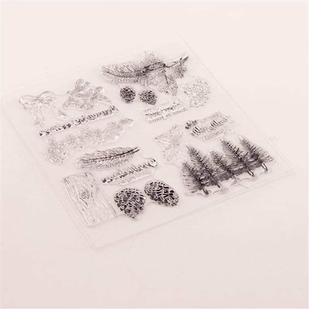 Winter Trees Branch Leaves Pine Cones Bow Clear Rubber Stamps for Card Making and Scrapbooking Christmas Wishes Words Silicone Stamps (T1641)