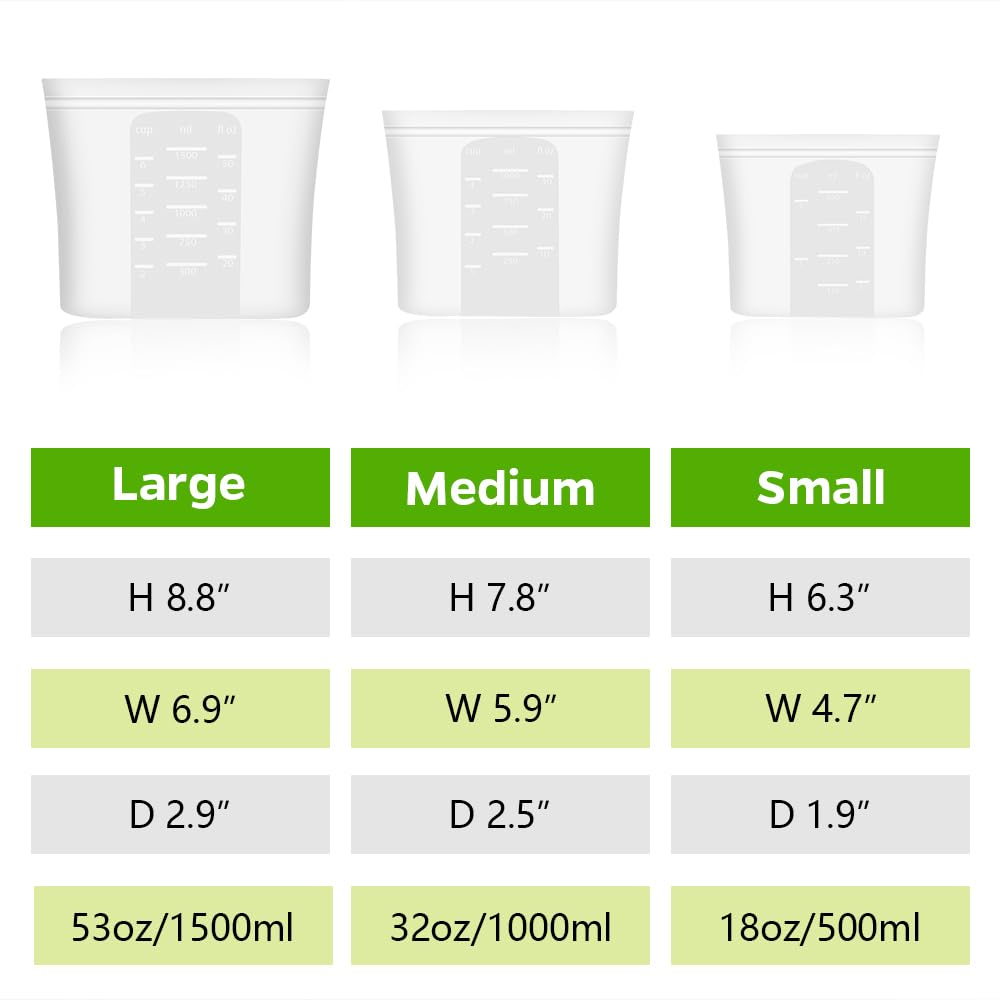 Reusable 100% Silicone Food Storage Bags, Sandwich Snack Bags New Generation Stand Up Zip Container for Soup and Leftovers, Plastice &amp; BPA Free, Microwave Oven Safe 3 Pack (51oz, 34oz, 17oz)