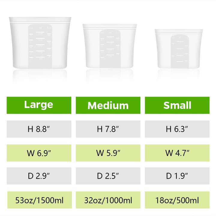 Reusable 100% Silicone Food Storage Bags, Sandwich Snack Bags New Generation Stand Up Zip Container for Soup and Leftovers, Plastice &amp; BPA Free, Microwave Oven Safe 3 Pack (51oz, 34oz, 17oz)