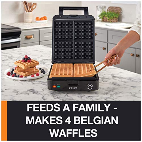 Krups Breakfast Set Stainless Steel Waffle Maker 4 Slices Audible Ready Beep, 1200 Watts Square, 5 Browning Levels, Removable Plates, Dishwasher Safe, Belgian Waffle Silver and Black