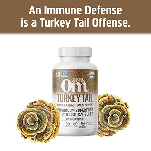 Om Mushroom Superfood Turkey Tail Mushroom Capsules Superfood Supplement, 90 Count, 30 Days, Immune Support, Polysacchrides, Beta-Glucans, Gut Health & Holistic Defense Mushroom Supplement