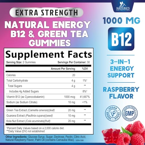 Energy Gummies Vitamin B12 1000 mcg, Green Tea Natural 