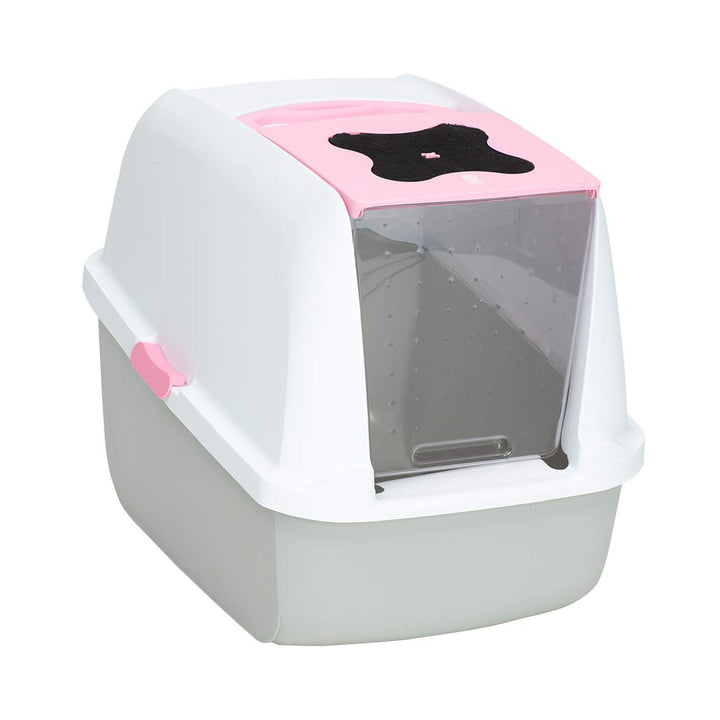 Hooded Cat Litter Pan, White/Pink