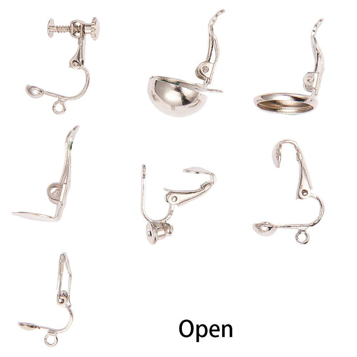 SUNNYCLUE 1 Box 28pcs 7 Style Clip-on Earring Findings Non Pierced Earring Converter Stud Clip On Converter Screw Back Ear Wire Pad Base Flat Back Round Tray Blank Components for DIY Jewelry Making