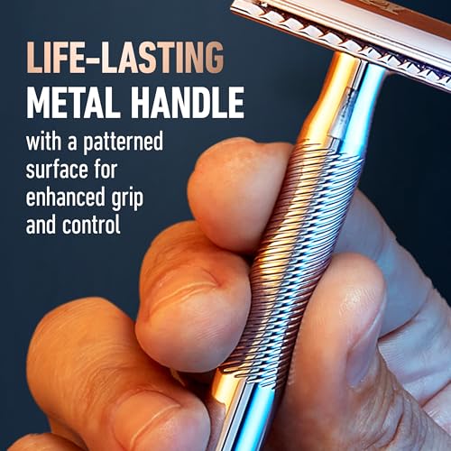 Safety Razor with Chrome Plated Handle and 5 Platinum Coated Double Edge Safety Razor Blade Refills