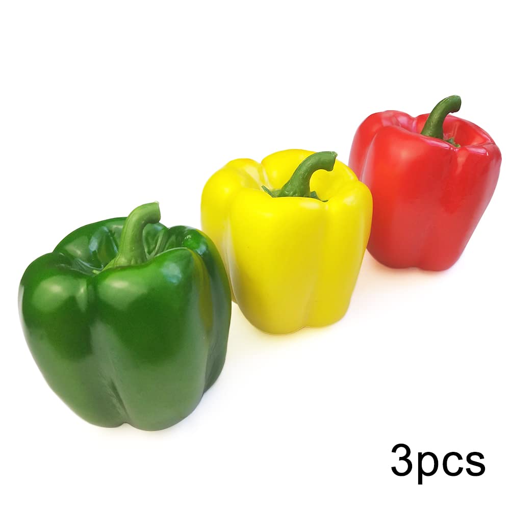 Artificial Vegetables Decor Bell Peppers Fake Vegetables Fruits for Decoration Rustic Farmhouse Party Table Centrepieces, Red Green Yellow Bell Peppers 3 Pcs