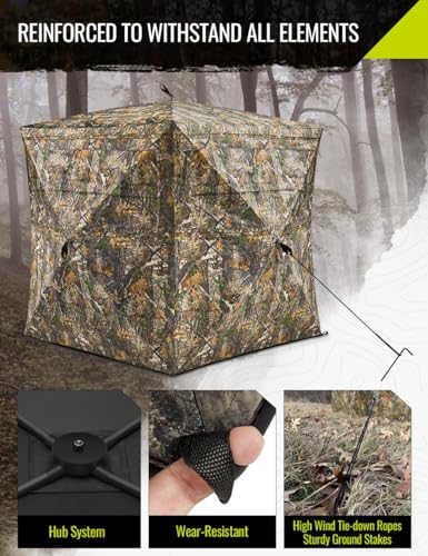 Hunting Blind See Through with Carrying Bag, 2-3 Person Pop Up Ground Blinds 270 Degree, 300D Portable Resilient Hunting Tent for Deer &amp; Turkey Hunting (Camouflage)