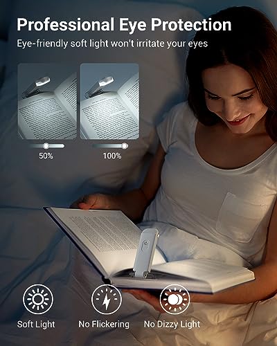 Book Reading Light with Clip, USB Rechargeable Booklight for Reading in Bed, Eye Care LED Book Lamp for Kids, Bookworms,2 Brightness Levels (White)