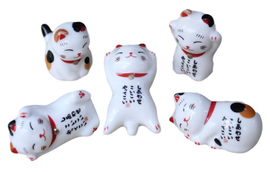 1 Set 5pcs Japanese Lucky Cat Happiness Cat Chopsticks Holder Stand Porcelain Decoration