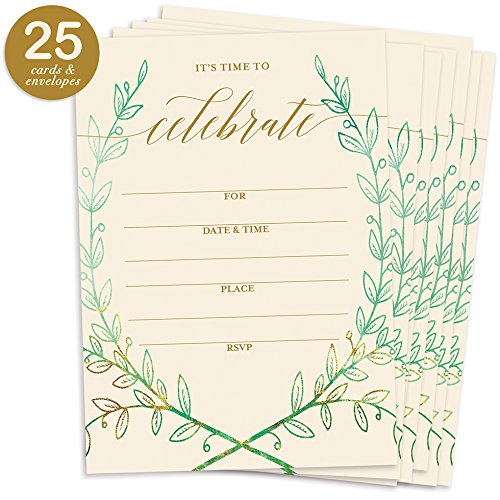 25 Rustic Laurels Invitations with Envelopes (Pack of 25) Any Occasion Large 5x7 Fill in Birthday, Anniversary, Retirement, Housewarming, Bridal Shower, Excellent Value Party Invites VI0049B